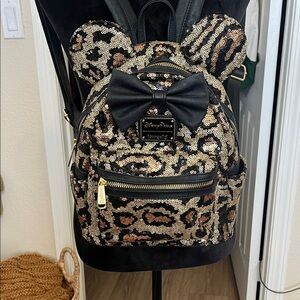 Loungefly Gold and Black Leopard Sequin Mini Backpack with Bow Ears